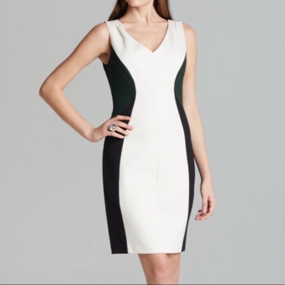 Tahari Cream Black Green Colorblock Sheath Dress